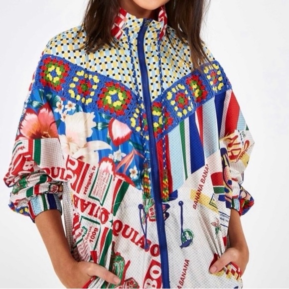 FARM Rio Jackets & Blazers - FARM Rio Carnival Mixed Print Windbreaker Jacket Crochet Detail Tropical Size XL